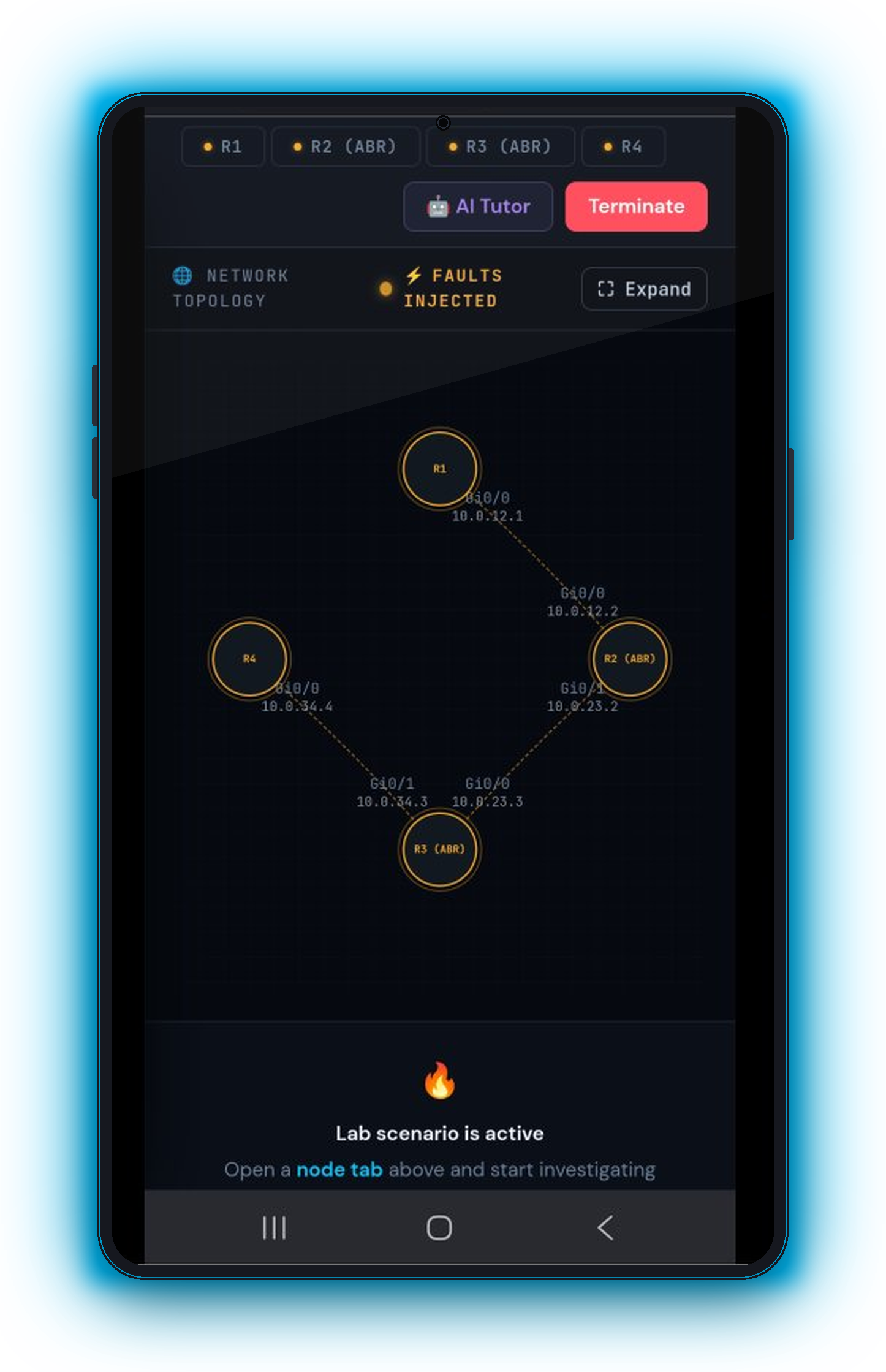 vLab Networks lab topology view on mobile